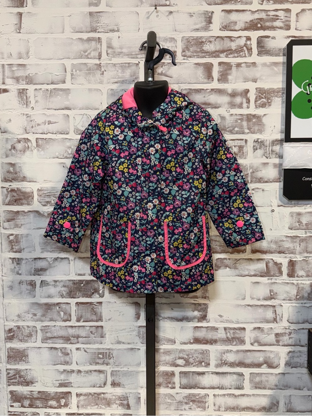 Girls' Floral Rain Jacket with Pink Trim 3T